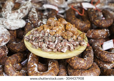 Chorizo sausage in a market, product detail meat food