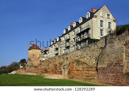 Old surrounding wall and keep and buildings at Le Mans, Pays de la Loire region in north-western France