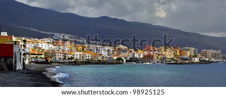 Panoramic photo of town and beach of Candelaria of the eastern part of Tenerife in the Spanish Canary Islands.