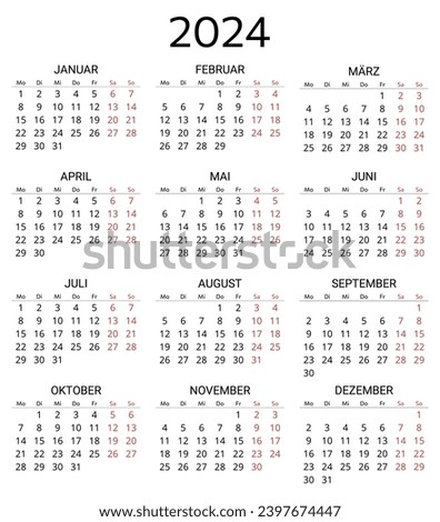 2024 german calendar. Printable, editable vector illustration for Germany. 12 months year kalender. portrait 