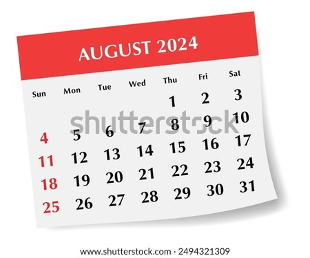 ENGLISH AUGUST 2024 calendar. Vector illustration. Monthly planning for your business events