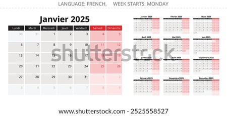 2025 year french page calendar. Vector illustration set for France - calendrier