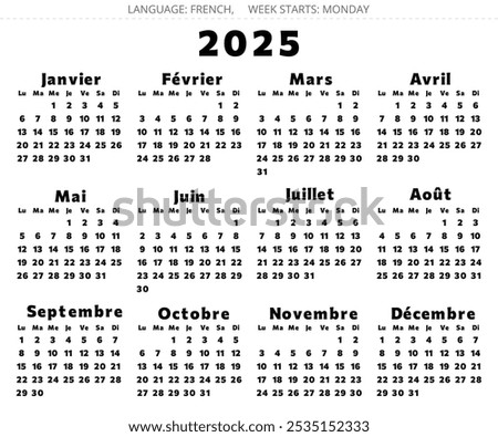 2025 french calendar - calendrier. Editable vector illustration for France with bolt font. 12 months year 