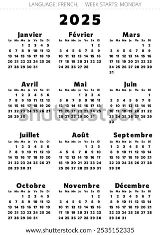 2025 french calendar - calendrier. Editable vector illustration for France with bolt font. 12 months year 