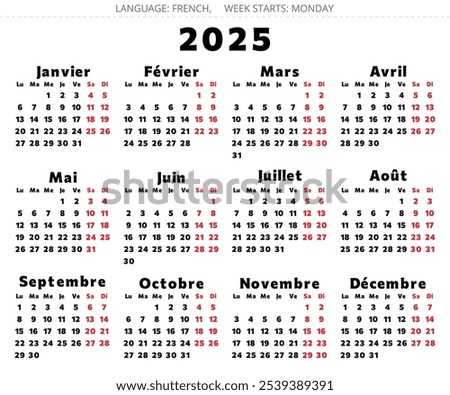 2025 french calendar - calendrier. Editable vector illustration for France with bolt black and red font. 12 months year 