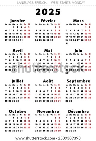 2025 french calendar - calendrier. Editable vector illustration for France with bolt font. 12 months year 