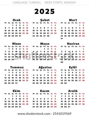 2025 year turkish calendar - takvim. Printable vector illustration for Turkey in black and red bolt colors. tk