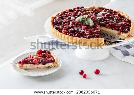 Similar – Image, Stock Photo Apricot pie with one sliced piece. Top view of a lattice crust pie