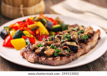 Grilled beefsteak with mushrooms and mixed vegetables.