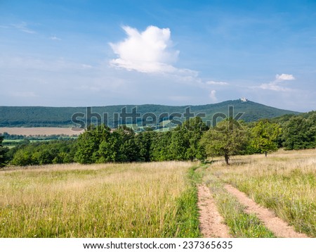 Country road between pasture and forest with deep blue sky and castle ruins on a hill at a distance