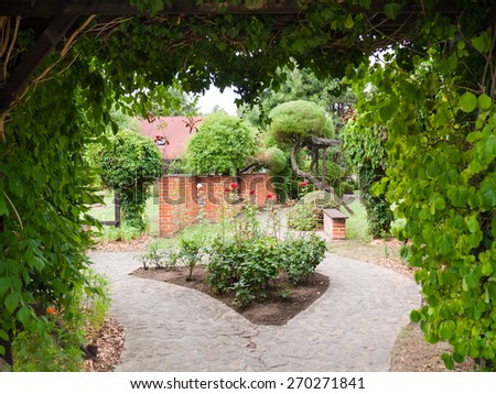 Ornamental garden with a stone path and decorative shrubs