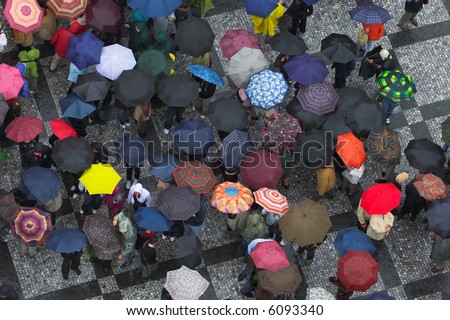 look down on crowd with umbrellas, Praha