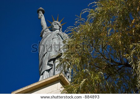 Statue of liberty in Paris on a blue sky with a tree on her side.