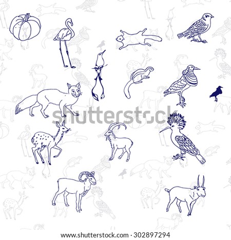 seamless pattern of Asian animals sketch;flamingos, pumpkin, flying squirrel, white-winged bird, fox, goat, squirrel,   musk deer,