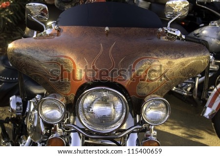 WEST POINT, CA - OCTOBER 6: Artistic paint job on a  motorcycle at the antique vehicle and hot rod car rally at the 38th Lumberjack day parade, on October 6, 2012 in West Point.