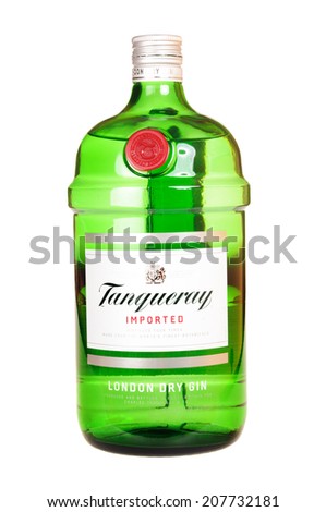 Hayward, CA - July 28, 2014: 1.75 liter bottle of Tanqueray Gin.