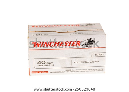 Hayward, CA - February 3, 2015: Box of Winchester 40 S&W 165 grain full metal jacket catridges - illustrative editorial