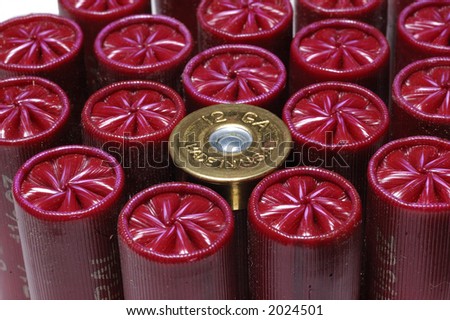 Shotgun ammunition with one turned upside down showing brass and others ppinting up as a background