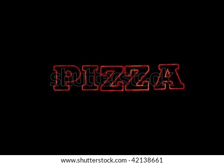 Red neon sign over black with the word PIZZA