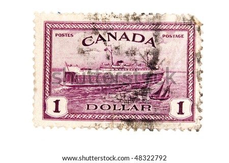 CANADA - CIRCA 1940 : A vintage Canadian postage stamp image of a ferry boat value of 1 dollar, series circa 1940