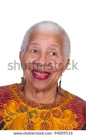 closeup of smiling elderly African American Woman isolated on white