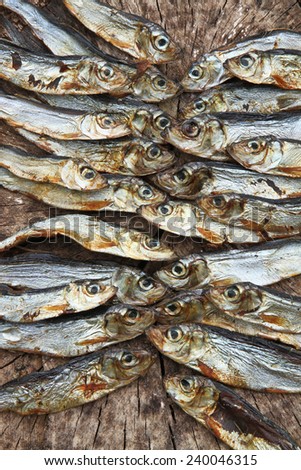 Plenty of small dried fishes on a stack