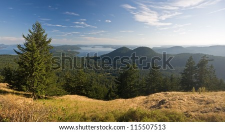 Panorama from atop Mount Constitution on Orcas Island in the San Juan Islands of Washington