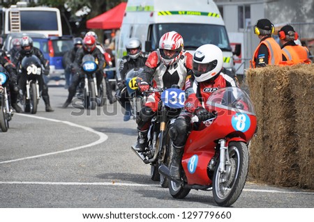 METHVEN, NEW ZEALAND - APRIL 02, : Barrie Gurdler on an Aermacchi GP350 leads out the field at the Methven Mountain Thunder street race meeting on April 02, 2009 in Methven.