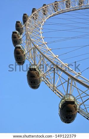 LONDON - JULY 17, 2013: Closeup detail of the Landmark London Eye tourist attraction on July 17, 2013 in London.