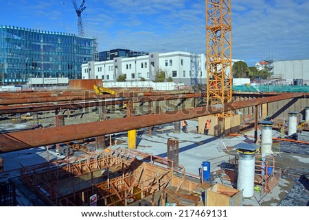 Christchurch, New Zealand - September 13, 2014: Massive earthquake proof building foundations being constructed on the corner of Cambridge Terrace and Gloucester Street.