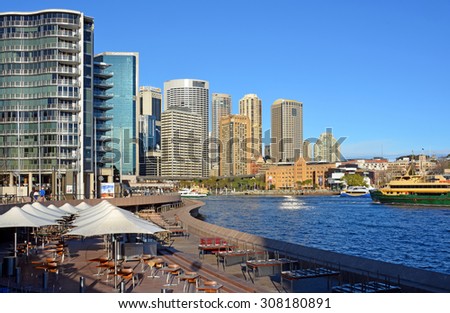 Sydney, Australia - July 17, 2014:  Circular Quay Restaurants & Bars Viewed from The steps of the Sydney Opera House