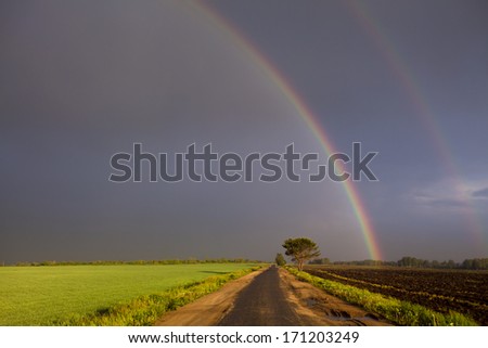 Double full rainbow over field road