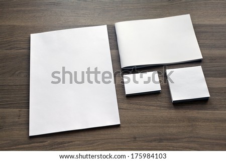 Blank stationery set on wood background / a4 paper, business cards, booklet, sheets, etc