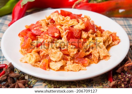 fried eggs with tomatoes; scrambled egg with tomato