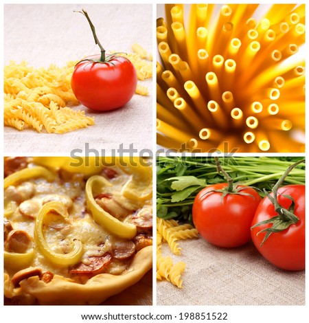Collage of italian food. Pizza, raw spaghetti, pasta, tomatoes and green parsley