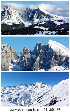 Collage of winter mountain landscapes. Snow-capped mountains, woods, rocks and blue sky. Set of scenic views