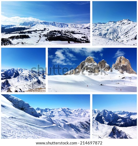 Snowy slopes of winter resort in mountains. Snow-capped mountains, woods, rocks and blue sky. Set of scenic views