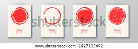 Abstract big red grunge circle on white backgrounds set. Brochure, banner, poster design. Sealed with decorative red stamp. Stylized symbol of Japan. Vector illustration.