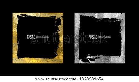 Square golden silver frame set on a black background. Luxury vintage border, Label, logo design element. Hand drawn vector Illustration. Abstract gold silver brush