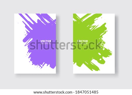 Purple and green abstract design set. Ink paint on brochure, Monochrome element isolated on white. Grunge banner paints. Simple composition. Liquid ink. Background for banner, card, poster,web design.