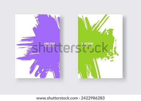 Purple and green abstract design set. Ink paint on brochure, Monochrome element isolated on white. Grunge banner paints. Simple composition. Liquid ink. Background for banner, card, poster, identity