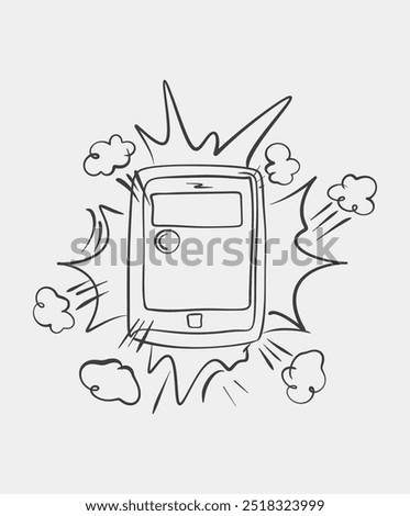 A minimalist line drawing of an old-school pager surrounded by an explosive burst, symbolizing communication impact or nostalgia.