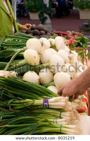 customers check the vegetables at a weekend farmer\'s market in a small American town