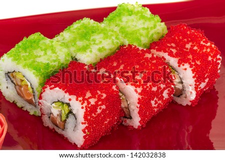 Tobiko Spicy Maki Sushi - Hot Roll with various type of Tobiko (flying fish roe) outside and salmon inside