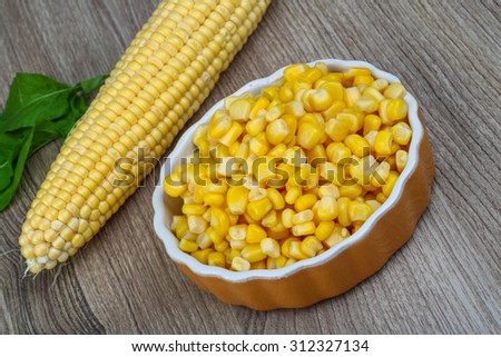 Canned sweet corn in the bowl on wood background