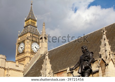 Houses of Parliament and Oliver Cromwell statue on Parliament Square