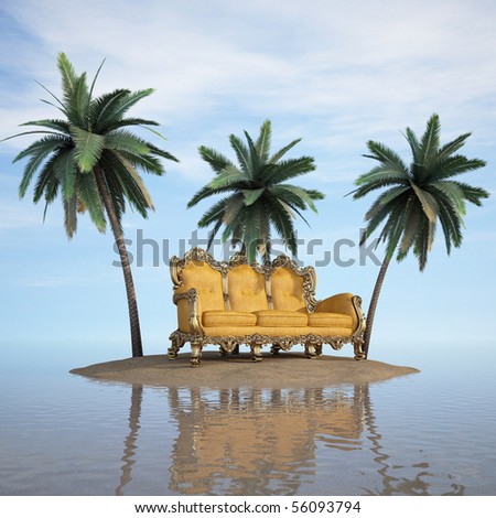 classic sofa stands on a desert island in the sea.