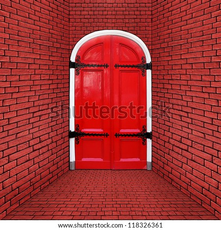 Red door in a red brick wall
