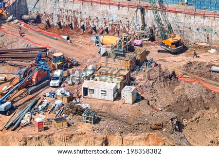 TEL-AVIV, ISRAEL - MAY 22 : Bird\'s eye view of construction work site with construction machinery on May 22, 2014 in Tel Aviv, Mediterranean, Israel