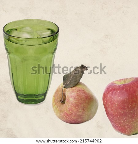Textured old paper background with  ripe apples and drink glass with ice cooled drink (water) still life. Vintage style image